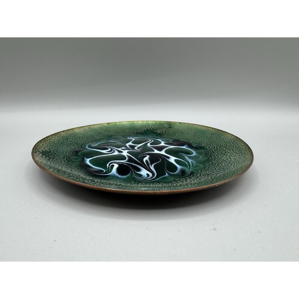 Trinket Dish MCM Green Swirl Enameled Copper Dish Vintage Mid Century Modern - Picture 3 of 5